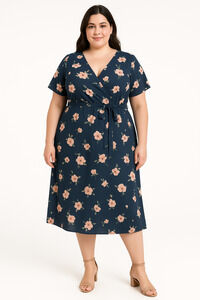 Fortune Ivy Dress Womens 3X Blue Floral Tie Waist V-neck Romantic Boho